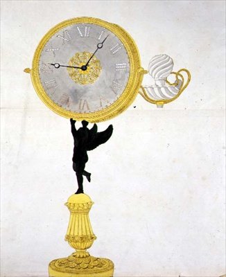 تصميم لساعة Ormolu ، حوالي عام 1825 (قلم وحبر وألوان مائية على ورق) بواسطة المدرسة الفرنسية