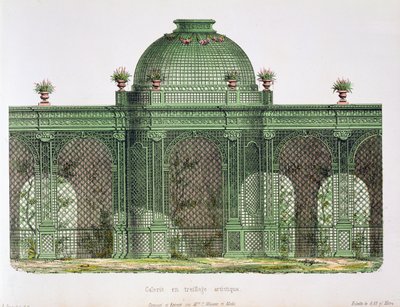 تصميم لمعرض تعريشة مقوس مع قبة مركزية ، تم نشره لمكتب دي مونيتور دي مينوسييه ، باريس بواسطة المدرسة الفرنسية