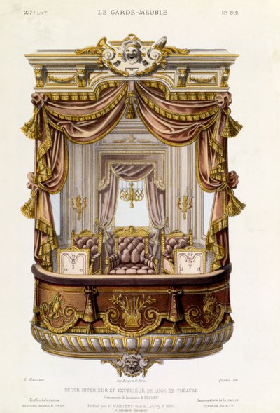 التصميم الداخلي والخارجي لصندوق المسرح ، التوضيح من مجلة Le Garde-Meuble ، c.1860 بواسطة المدرسة الفرنسية