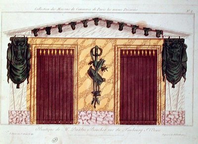 تصميم لواجهة متجر جزار ، من سلسلة تصور أفضل المباني التجارية المزخرفة في باريس ، حوالي 1810 (لون ليثو) بواسطة المدرسة الفرنسية