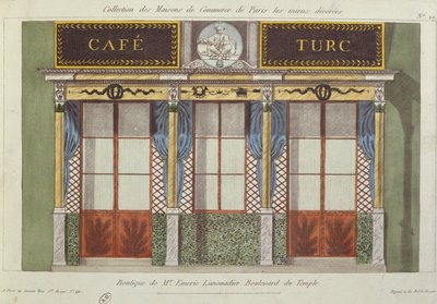 تصميم لواجهة مقهى Turc ، من سلسلة تصور أفضل المباني التجارية المزخرفة في باريس ، c.1810 بواسطة المدرسة الفرنسية