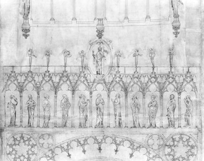 تصميم لمعرض الملوك على واجهة كاتدرائية ستراسبورغ ، ج 1380 (قلم وحبر وغواش على ورق) (التفاصيل) (انظر 207686) بواسطة المدرسة الفرنسية