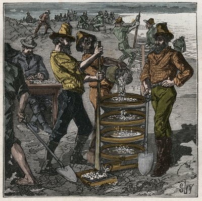 غسيل الماس في جنوب إفريقيا في القرن التاسع عشر. نقش من عام 1885 في "" Les Arts et metiers Illustres "" لأدولف بيتارد. بواسطة المدرسة الفرنسية
