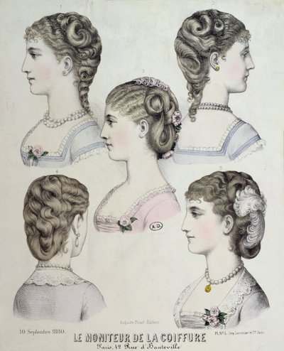 تسريحات مختلفة ، لوحة من Le Moniteur de la Coiffure ، 1880 بواسطة المدرسة الفرنسية