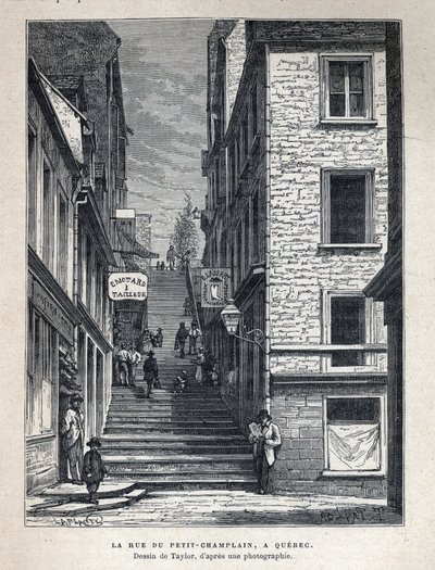 اكتشف كندا: Rue du Peute Champlain (Petity-Champlain) في كيبيك. رسم بواسطة تايلور من صورة. نقش من نهاية القرن التاسع عشر في "La nouvelle France" ليوجين جوينين. بواسطة المدرسة الفرنسية