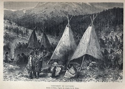اكتشف كندا: معسكر الهنود الأمريكيين مع teepees. رسم ريو من رسم ديكسون. نقش من نهاية القرن التاسع عشر في "La nouvelle France" ليوجين جوينين. بواسطة المدرسة الفرنسية