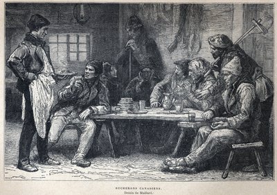 اكتشف كندا: الحطابين الكنديين. رسم بواسطة ميلارد. نقش من نهاية القرن التاسع عشر في "La nouvelle France" ليوجين جوينين. بواسطة المدرسة الفرنسية