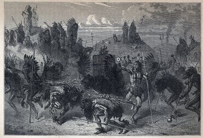 اكتشف كندا: رقصة البيسون في موندان. نقش من نهاية القرن التاسع عشر في "La nouvelle France" ليوجين جوينين. بواسطة المدرسة الفرنسية