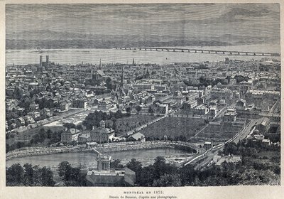 اكتشف كندا: منظر لمدينة مونتريال عام 1875. رسم من قبل بينويست بعد الصورة. نقش من نهاية القرن التاسع عشر في "La nouvelle France" ليوجين جوينين. بواسطة المدرسة الفرنسية