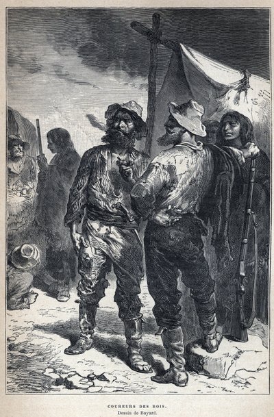 تم الاكتشاف من كندا: coureur des bois (منخرط في تجارة الفراء مع الهنود الحمر). رسم بايارد. نقش من نهاية القرن التاسع عشر في "La nouvelle France" ليوجين جوينين. بواسطة المدرسة الفرنسية