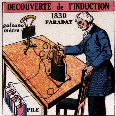 اكتشاف الحث بواسطة فاراداي في عام 1830 - في "الطاقة ، تحولاتها ، تطبيقاتها" ، بقلم أرنولد ، محرر. Quillet ، القرن العشرين بواسطة المدرسة الفرنسية