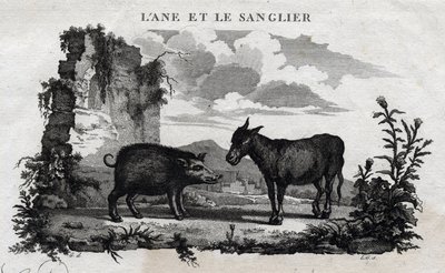 الحمار والخنزير. حكاية Esope. (الكاتب اليوناني Esopo أو Ecopus ، القرن السادس قبل الميلاد) كتبه Guillaume Montfort and Gravees بواسطة Beauble في عام 1801. بواسطة المدرسة الفرنسية