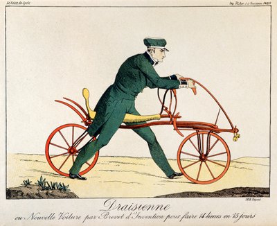 Draisienne ، سلف الدراجة ، 1820 (نقش الألوان) بواسطة المدرسة الفرنسية