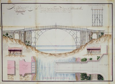 الرسومات والمقطع العرضي للجسر الحديدي الذي تم بناؤه عام 1779 في كولبروكديل ، شروبشاير ، إنجلترا ، 1784 (قلم وحبر ومرحاض على ورق) بواسطة المدرسة الفرنسية