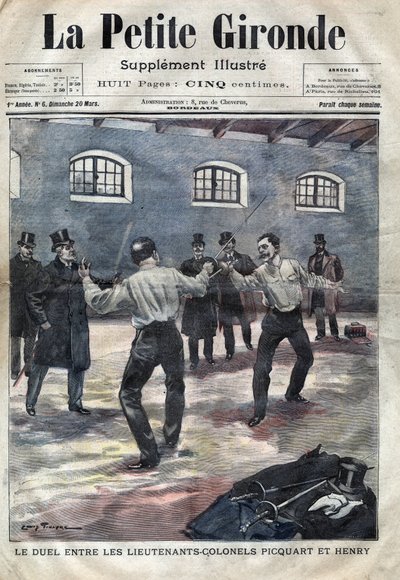 قضية دريفوس: المبارزة بين المقدم جورج بيكوارت (1854-1914) وهوبير هنري (1846-1898) في المدرسة العسكرية في باريس. غلاف "لا بيتيت جيروند" الصادر في مارس ١٨٩٨ (نقش) بواسطة المدرسة الفرنسية