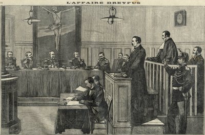 قضية دريفوس عام 1898: جلسة استماع لمجلس الحرب: محاكمة القائد إسترهازي. نقش في "Le petit parisien" من عام 1898. بواسطة المدرسة الفرنسية