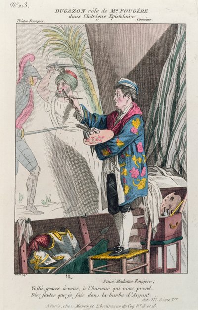 دوجازون في دور الرسام ، فوجير ، في دسيسة دسيسة ، أنتجت في باريس في Théâtre Français ، 1799 (نقش الألوان) بواسطة المدرسة الفرنسية