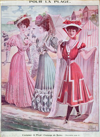 أزياء الشاطئ والاستحمام في أوائل القرن العشرين ، حوالي 1906 (لون ليثو) بواسطة المدرسة الفرنسية