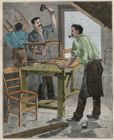 Ebenisterie: تجميع الكراسي في القرن التاسع عشر في فرنسا. نقش من عام 1885 في "" Les Arts et metiers Illustres "" لأدولف بيتارد. بواسطة المدرسة الفرنسية