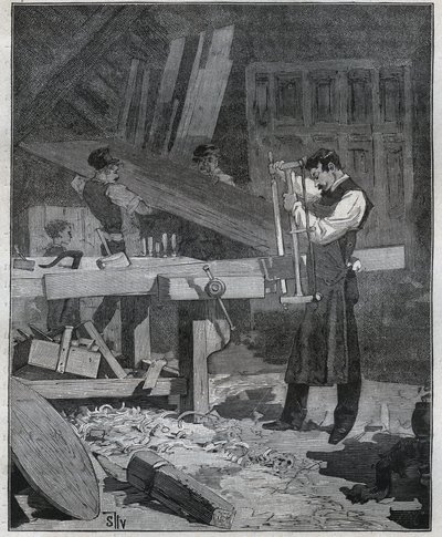 Ebenisterie: عامل أبينيست يقوم بتقسيم اللوحة في المنشأة. نقش من عام 1885 في "" Les Arts et metiers Illustres "" لأدولف بيتارد. بواسطة المدرسة الفرنسية