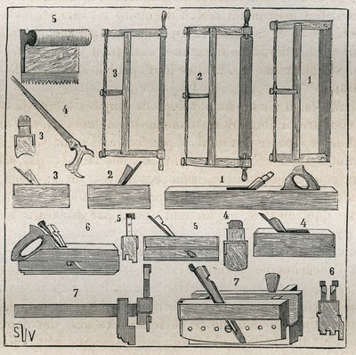 Ebenisterie: الأدوات والمناشير والتخطيط المعتادة. نقش من عام 1885 في "" Les Arts et metiers Illustres "" لأدولف بيتارد. بواسطة المدرسة الفرنسية
