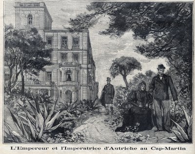 إمبراطور النمسا فرانسوا جوزيف الأول (1830-1916) وإمبراطور النمسا إليزابيث أميلي من فيتلسباخ المعروف باسم سيسي (1837-1898) في كاب مارتن في منطقة ألب ماريتيم في بروفانس ألب كوت دازور. في "Le Petit Parisien" " بواسطة المدرسة الفرنسية