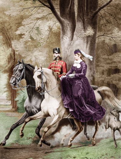 إمبراطور النمسا فرانز جوزيف الأول وإمبراطورة النمسا إليزابيث من فيتلسباخ (1837-1898) وهما يمتطيان الخيل (نقش) بواسطة المدرسة الفرنسية