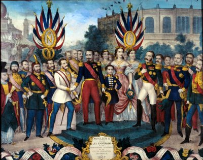 استقبل الإمبراطور نابليون الثالث (1808-1873) ملوك أجانب في المعرض العالمي للنقش عام 1867 في القرن التاسع عشر. متحف قلعة كومبين بواسطة المدرسة الفرنسية