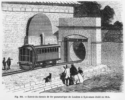 مدخل سكة الحديد الهوائية من لندن إلى سيدنهام ، التي تأسست عام 1865 - في "عجائب العلم" ، بواسطة إل فيجيه. ¿ بواسطة المدرسة الفرنسية
