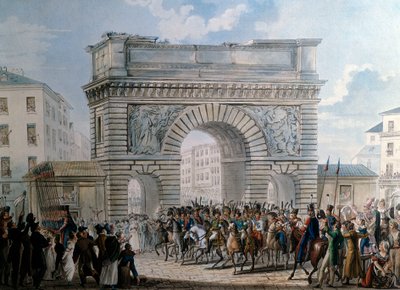 دخول الحلفاء إلى باريس عبر Porte Saint Martin في 31/03/1814 استعراض الملك لويس الثامن عشر (1755-1824). طباعة من عام 1814. باريس ، متحف كارنافاليت بواسطة المدرسة الفرنسية