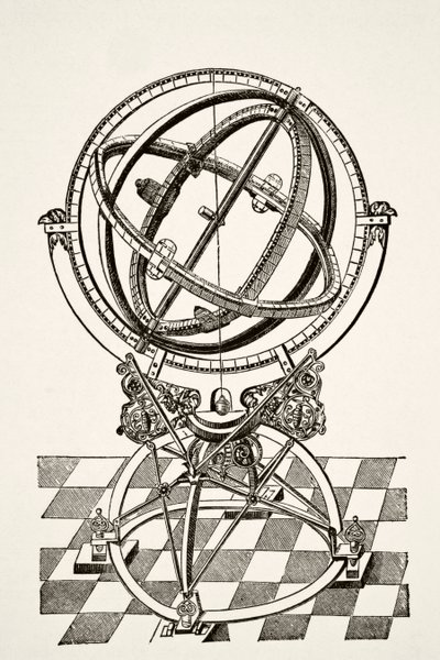 الحلقات أو الدوائر الاستوائية ، بعد نقش النحاس في كتاب Tychonis Brahe Astronomiae Instauratae Mechanica لعام 1602 ، من العلوم والأدب في العصور الوسطى بواسطة Paul Lacroix Pub. لندن 1878 بواسطة المدرسة الفرنسية