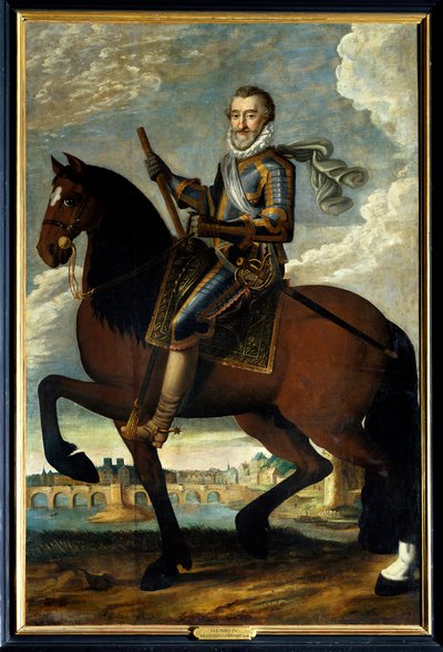 صورة الفروسية لهنري الرابع (1553-1610) ملك فرنسا أمام بونت نوف في باريس. لوحة مجهولة من القرن السابع عشر. زيت على قماش. ذكر إلزامي: سولي سور لوار ، شاتو دي سولي بواسطة المدرسة الفرنسية