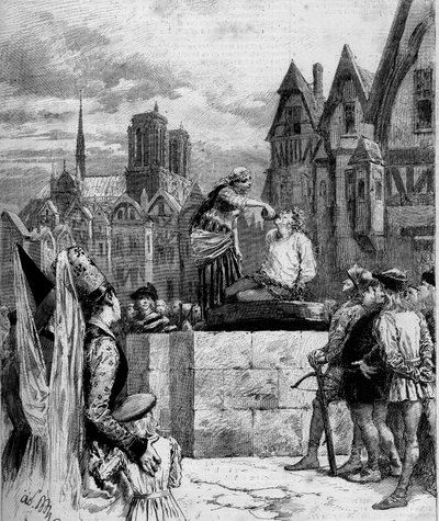 إزميرالدا تقدم مشروبًا في Quasimodo في Place de Greve. رسم توضيحي لـ "نوتردام دي باريس" للفكتور هوغو (1802-1885). نقش من عام 1879. بواسطة المدرسة الفرنسية