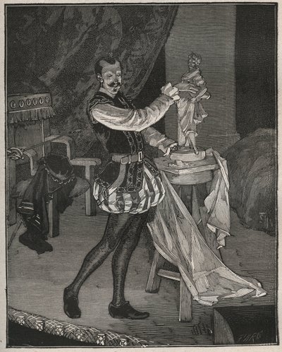 Etienne Marin Melingue (1808-1875) ، الممثل الفرنسي الذي يلعب دور النحات Benvenuto Cellini في مسرحية "Ascanio" لألكساندر دوماس بيري ، والتي تم تكييفها على المسرح بواسطة بول موريس. نقش من عام 1880 في "" Les Arts et metiers Illustres &quo بواسطة المدرسة الفرنسية