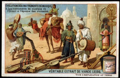 Evolution of musical instruments: Arab musical instruments from the East to the Crusades era. Bendir, Duff, oud, Rabab and other string instruments, wind and percussion (drum). Late 19th century liebig chromolithography. بواسطة المدرسة الفرنسية