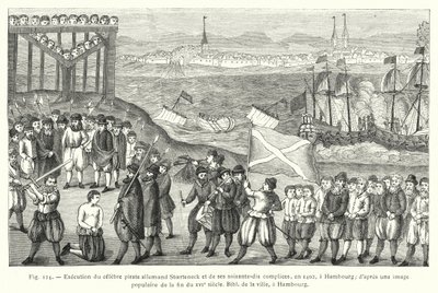 إعدام القرصان الألماني الشهير Stoerteneck وشركائه السبعين ، عام 1402 ، في هامبورغ ؛ استنادًا إلى صورة شهيرة من نهاية القرن السادس عشر ، الكتاب المقدس للمدينة ، هامبورغ (نقش) بواسطة المدرسة الفرنسية