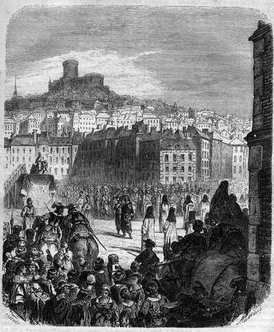إعدام Henri Coiffier de Ruze d'Effiat ، Marquis of Cinq-Mars (Cinq Mars) (1620-1642) ، "المفضل" للملك لويس الثالث عشر وفرانسوا أوغست دي تو (1607-1642) ، القاضي الفرنسي في Place des Terreaux in ليون. نقش في "Histoire des Papes-Rois-Queen بواسطة المدرسة الفرنسية