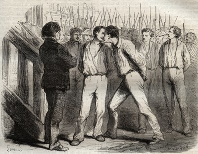 إعدام رقباء لاروشيل الأربعة في 21 سبتمبر 1822: طلب بوريس وراولكس وغاوبين وبومييه - راولكس ، الذي كان من المقرر أن يجتاز الأول ، احتضان رفاقه - نقش في "" Causes celebres de tous les peuples "بقلم أرماند فوكيه (1817-18؟) 18 بواسطة المدرسة الفرنسية