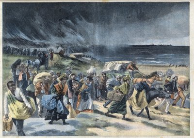 نزوح سكان Fort de France (Fort-de-France) بعد ثوران بركان de la Montagne Pelee في مارتينيك. نقش في "" Le Petro Parisien "" بواسطة المدرسة الفرنسية