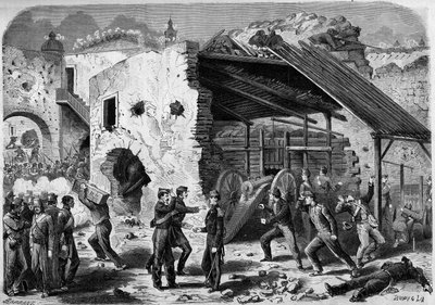 بعثة من المكسيك (1861-1867) - حصار بويبلا - 1863: هجوم على كادر (منزل سكني) من قبل الجيش الفرنسي. بمجرد دخول المدينة ، كان على الجنود الفرنسيين القتال ربعًا تلو الآخر. نقش في "" لوموند 1 بواسطة المدرسة الفرنسية