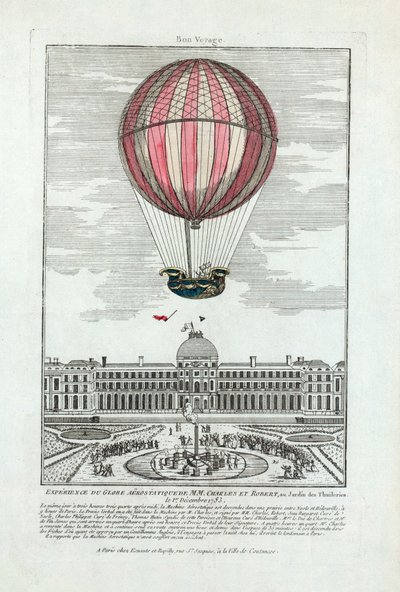 تجربة الكرة الأرضية الهوائية من MM. تشارلز وروبرت في Jardin des Thuileries في 1 ديسمبر 1783 ، حانة. 1783 (نقش ملون يدويًا) بواسطة المدرسة الفرنسية
