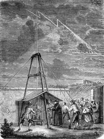 Experience made on 10 May 1752, by Thomas Francois (Thomas-Francois) Dalibard (1703-1779) a Marly, first demonstration of the presence of electricite in stormy clouds - engraving بواسطة المدرسة الفرنسية