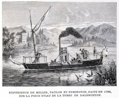 تجربة ميلر وتايلور وسيمينجتون ، التي تم إجراؤها عام 1789 ، على قطعة مائية من أرض دالسوينتون - في ألبوم العلوم "" ؛ علماء لامعون الاكتشافات العظيمة "" "1896. بواسطة المدرسة الفرنسية