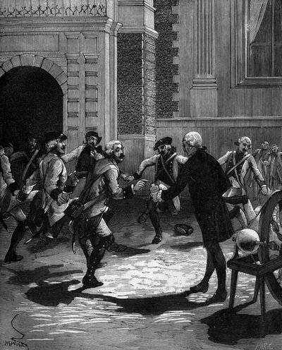 تجربة زجاجة Leiden بواسطة Abbe Jean Antoine Nollet (Jean-Antoine) (1700-1770) ، عالم الفيزياء الفرنسي في فرساي ، حيث تم ضرب 180 حارساً في نفس الوقت. بواسطة المدرسة الفرنسية