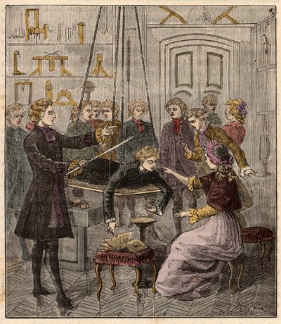 تجربة سور l'electricite للآب جان أنطوان (جان أنطوان) نوليت (1700-1770) - تجربة كهربائية أجراها على رجل بواسطة Abbe Jean Antoine Nollet (1700-70) في خزانة فيزيائية - نقش في "Science à la gratete de tous - الفيزياء والكيمياء popu بواسطة المدرسة الفرنسية
