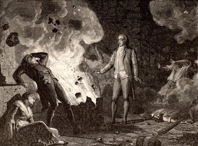 انفجار مصنع المتفجرات في إيسون، فرنسا، ج. 1788 (نقش) بواسطة المدرسة الفرنسية
