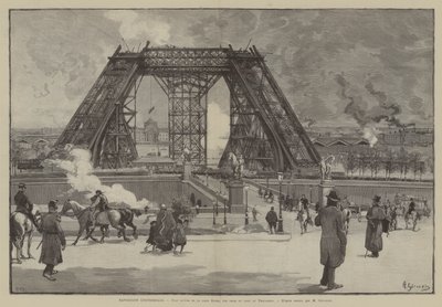 المعرض العالمي، الوضع الحالي لبرج إيفل، منظر مأخوذ من حديقة تروكاديرو (نقش) بواسطة المدرسة الفرنسية