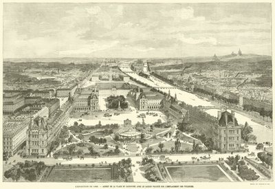 معرض 1889 ، جانب من Place du Carrousel مع الحديقة المسقطة في Place des Tuileries (نقش) بواسطة المدرسة الفرنسية