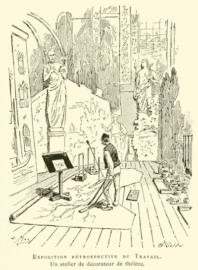 Exposition retrospective du Travail, un atelier de decorateur de theatre (engraving) بواسطة المدرسة الفرنسية