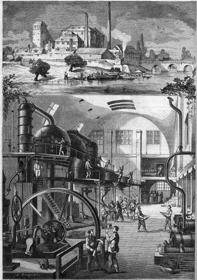 منظر خارجي وورش عمل رئيسية لمعمل تكرير السكر الكبير Les Recollets ، المملوك للسيد Cedard في نانت في عام 1864. نقش في "" Le Monde Illustré "" رقم 380 بتاريخ 23 يوليو 1864. بواسطة المدرسة الفرنسية